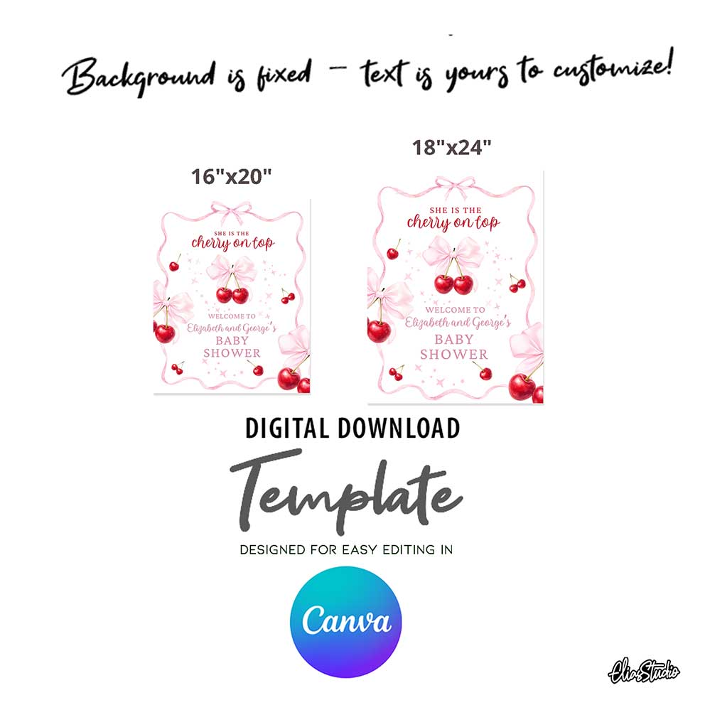 She is the Cherry on Top welcome sign in pink and red, Canva editable digital file in 16x20 and 18x24 inches