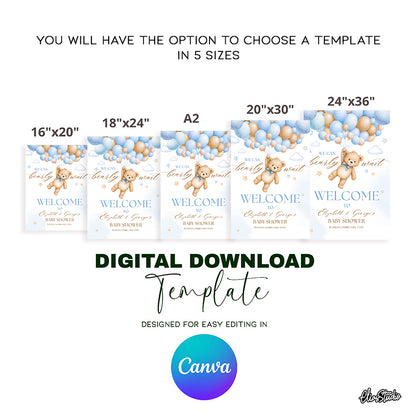 We Can Bearly Wait Baby Shower Welcome Sign: Teddy Bear Baby Shower decor (Digital Download) Canva Template