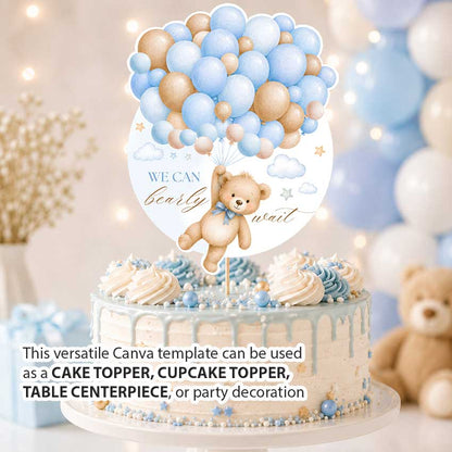 We Can Bearly Wait Editable Cake Topper, Teddy Bear Baby Shower Centerpiece
