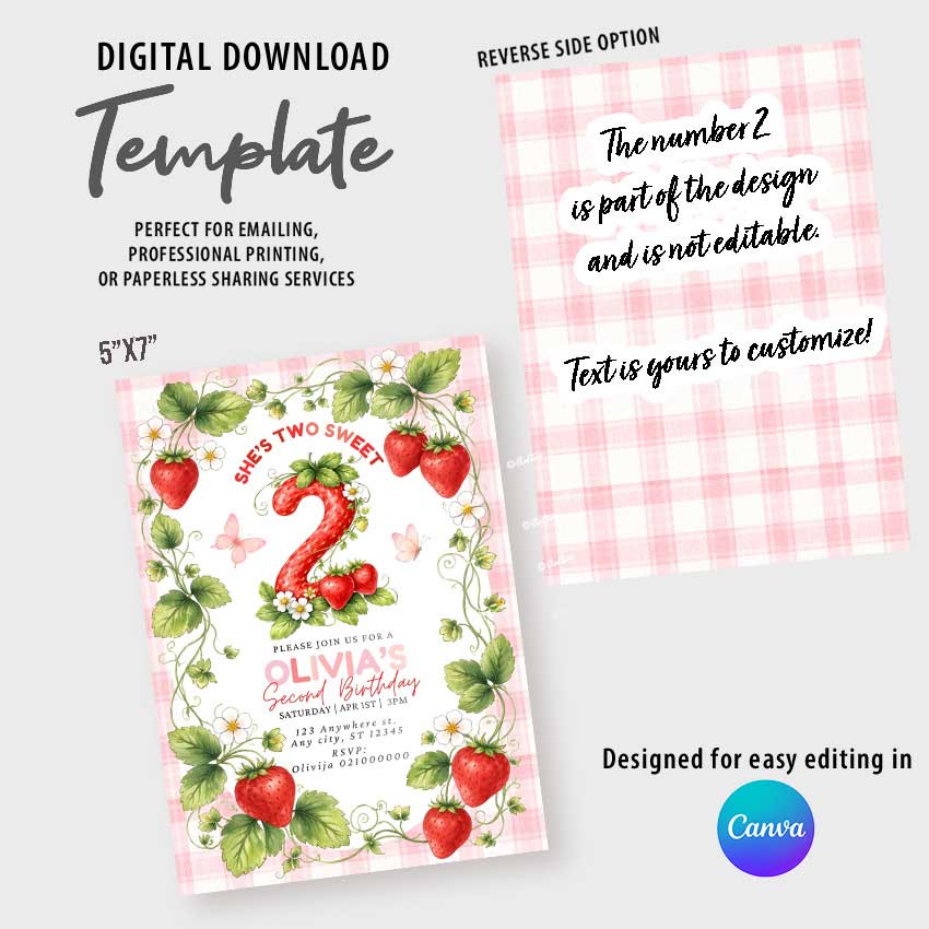 Editable two sweet birthday invitation template, strawberry theme 2nd birthday girl