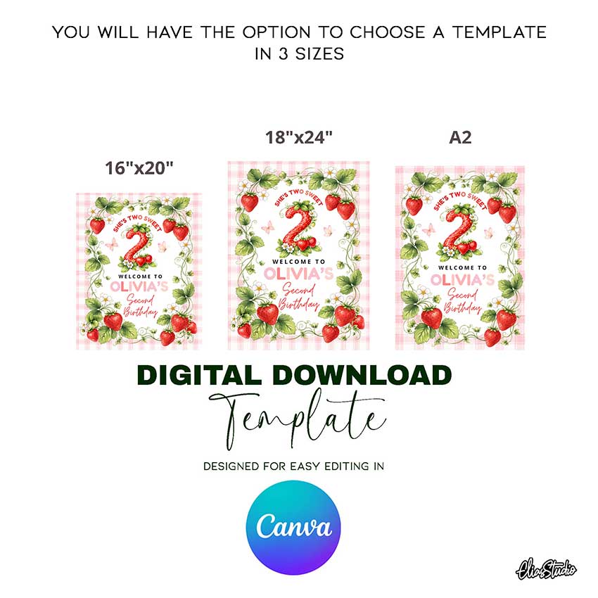 Editable two sweet birthday welcome sign template, strawberry theme 2nd birthday printable in multiple sizes Canva