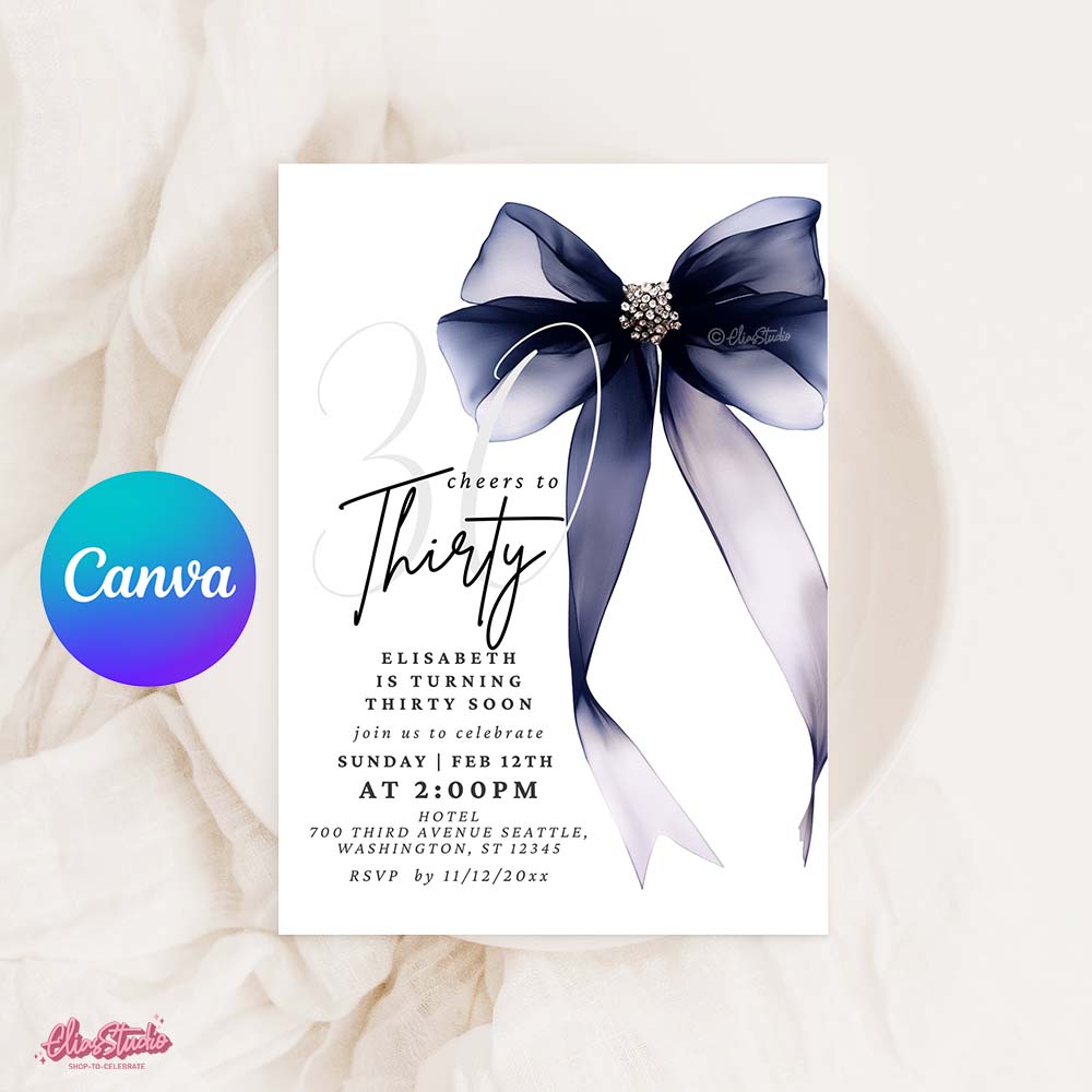 Black Bow Invitation, Canva Template