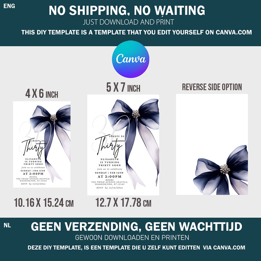 Black Bow Invitation, Canva Template