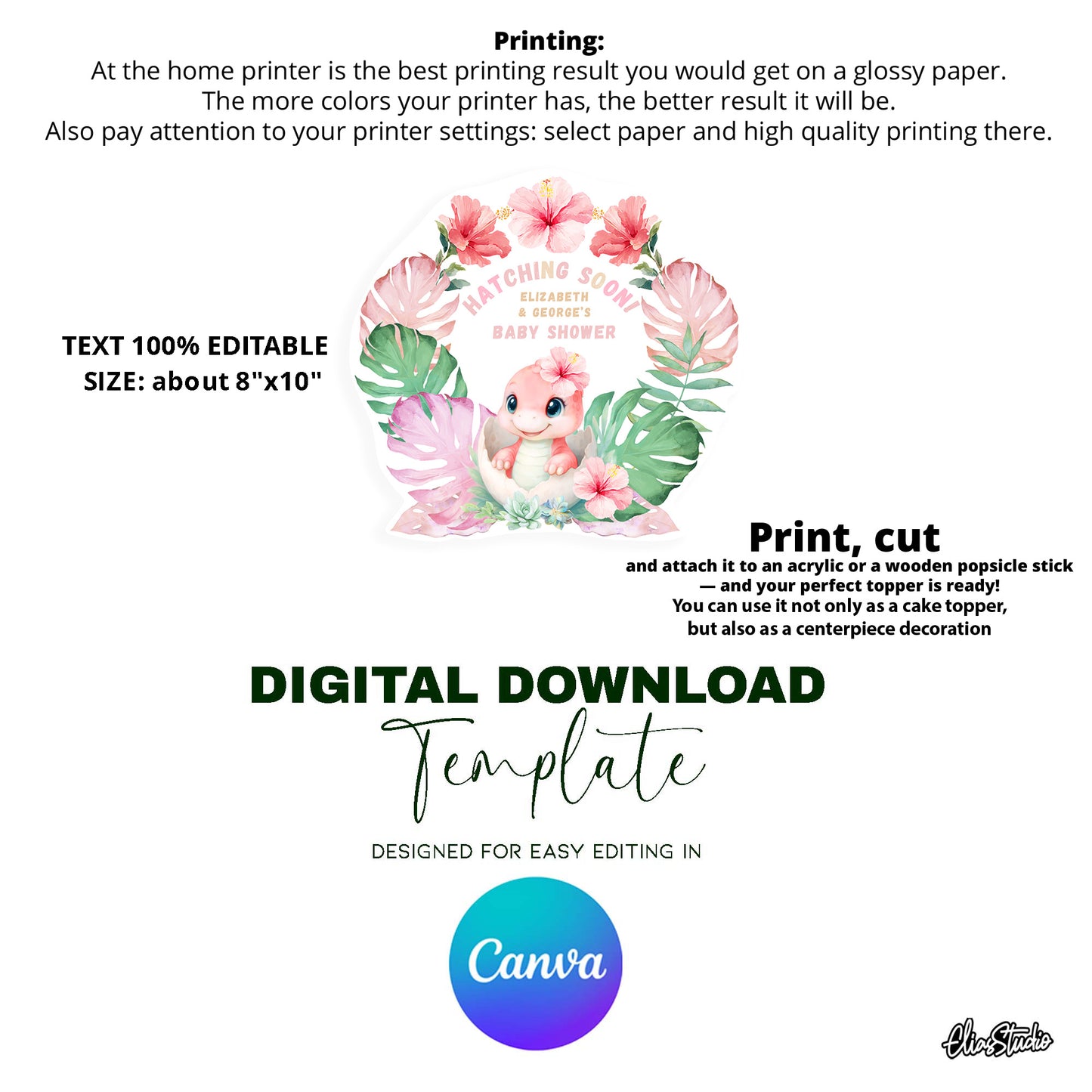 Girl Dinosaur Baby Shower Cake Topper Canva Template