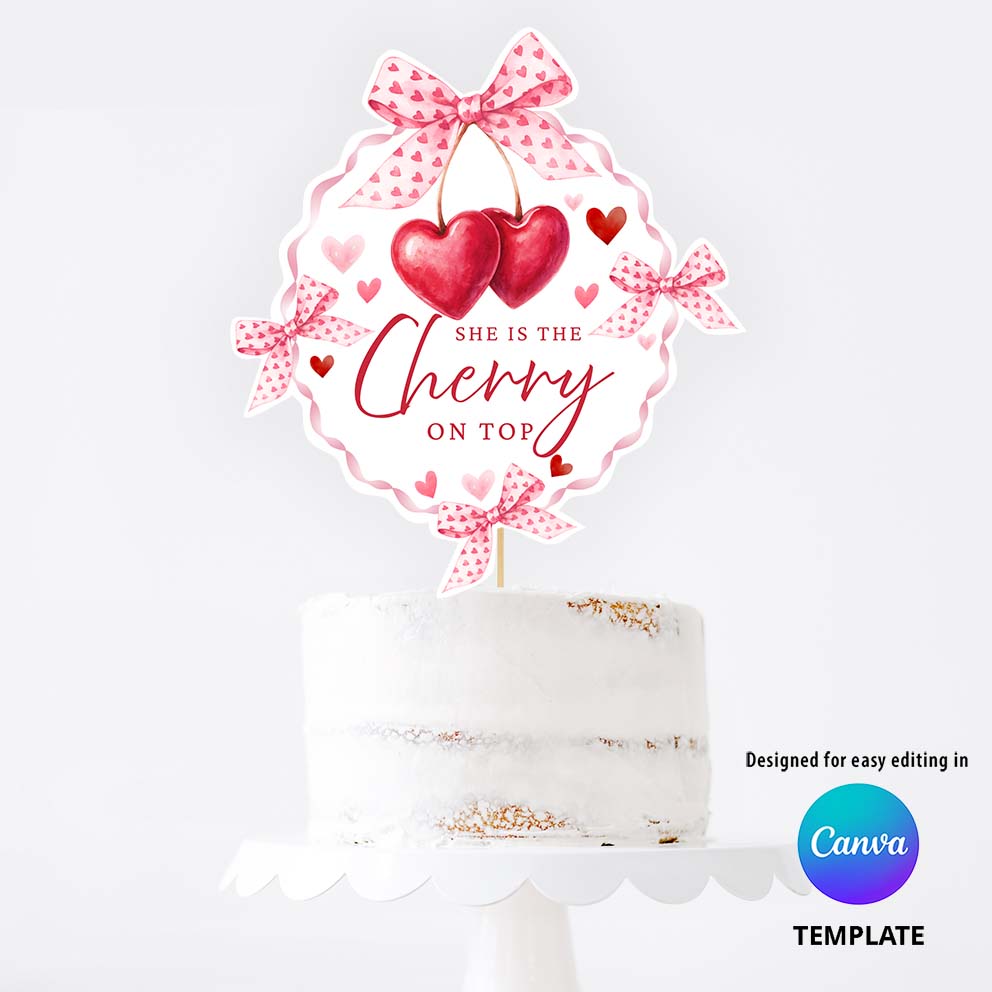 Editable Canva cake topper template with red hearts and pink bows, Valentine baby shower digital download