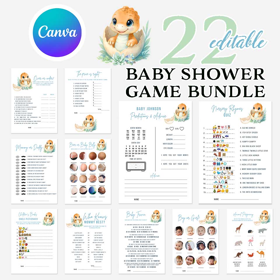 Dinosaur Baby Shower Game Bundle. Hatching Soon