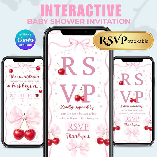 Interactive Cherry on Top baby shower invitation template with RSVP, countdown, baby registry, diaper raffle and books for baby, editable in Canva