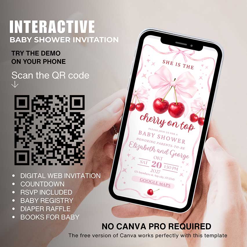 Interactive Cherry on Top baby shower invitation template with RSVP, countdown, baby registry, diaper raffle and books for baby, editable in Canva