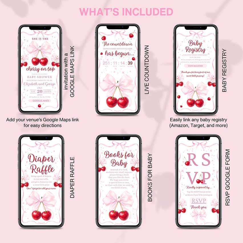 Interactive Cherry on Top baby shower invitation template with RSVP, countdown, baby registry, diaper raffle and books for baby, editable in Canva