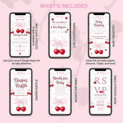 Interactive Cherry on Top baby shower invitation template with RSVP, countdown, baby registry, diaper raffle and books for baby, editable in Canva