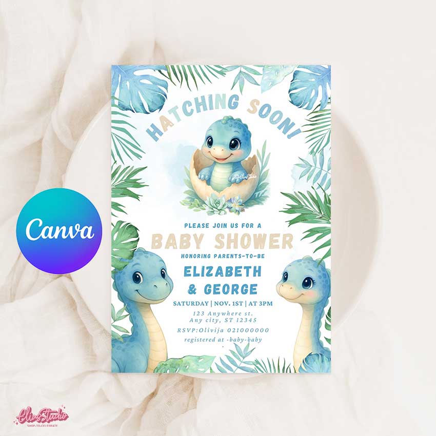 Dinosaur Couple Baby Shower invitation Hatching Soon