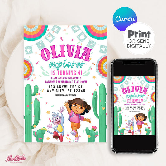 Dora Inspired invitation Canva Template