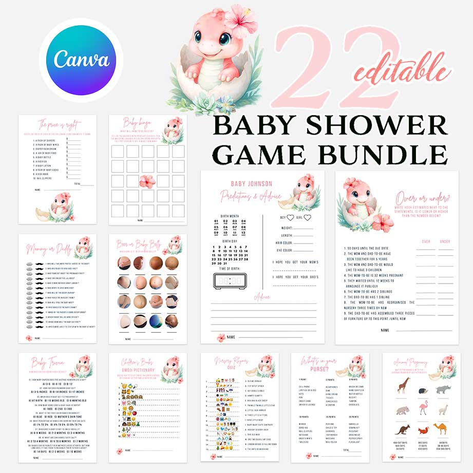 Pink Dinosaur Girly Baby Shower Game Bundle. Hatching Soon
