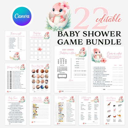 Pink Dinosaur Girly Baby Shower Game Bundle. Hatching Soon