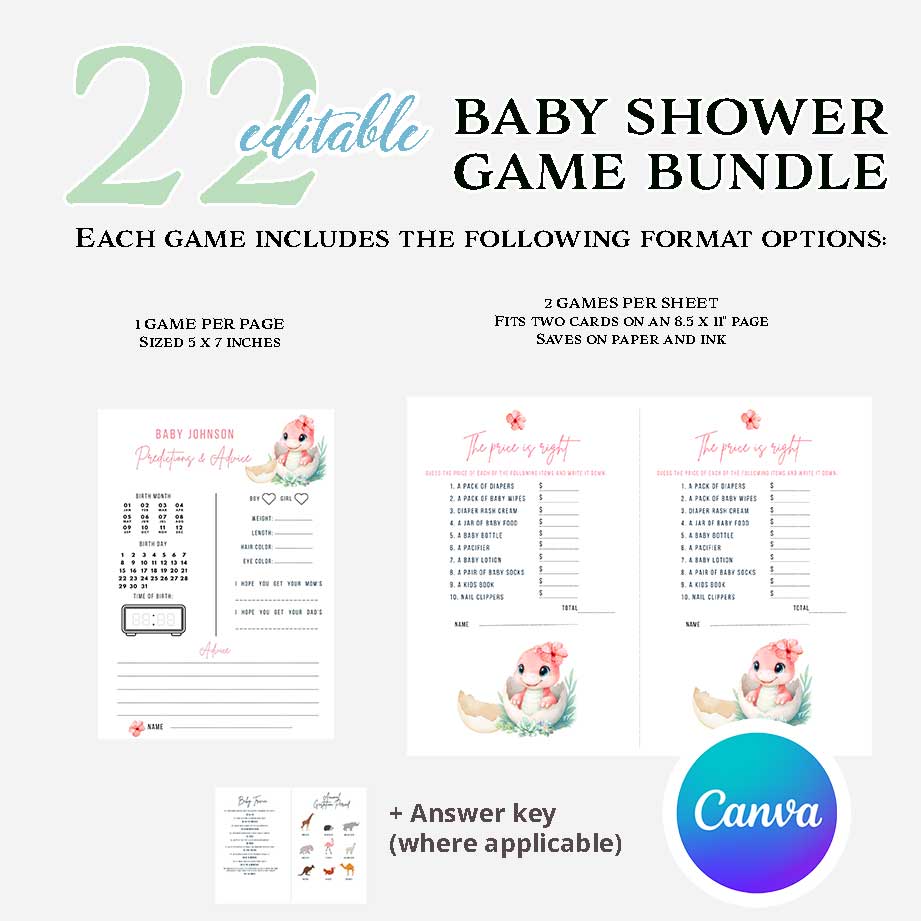 Pink Dinosaur Girly Baby Shower Game Bundle. Hatching Soon