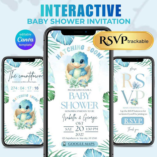 Interactive Hatching Soon baby shower invitation template with baby dinosaur, RSVP, countdown, baby registry, diaper raffle and books for baby, editable in Canva