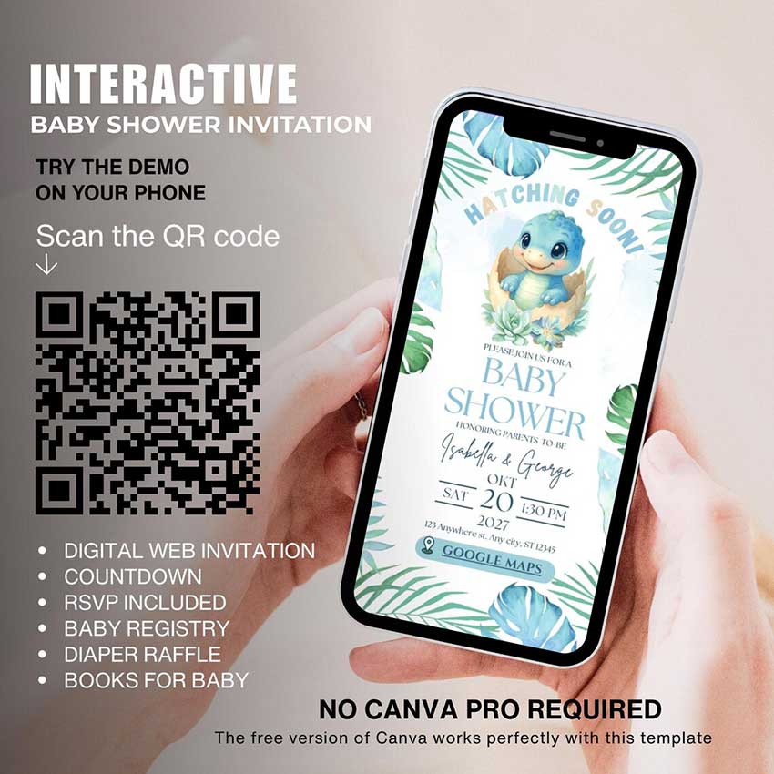 Interactive Hatching Soon baby shower invitation template with baby dinosaur, RSVP, countdown, baby registry, diaper raffle and books for baby, editable in Canva