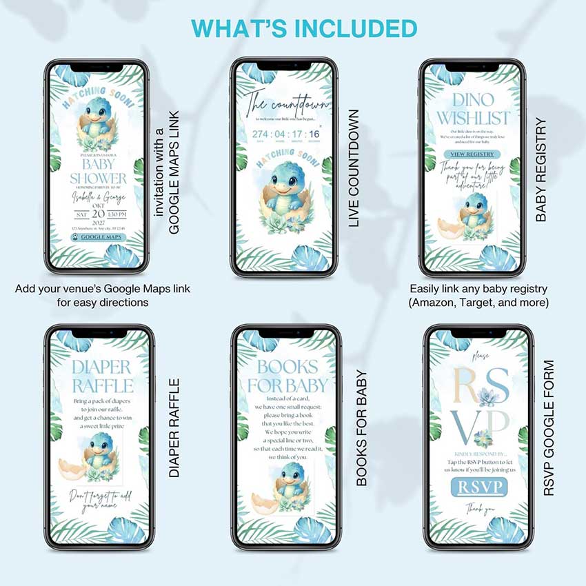 Interactive Hatching Soon baby shower invitation template with baby dinosaur, RSVP, countdown, baby registry, diaper raffle and books for baby, editable in Canva