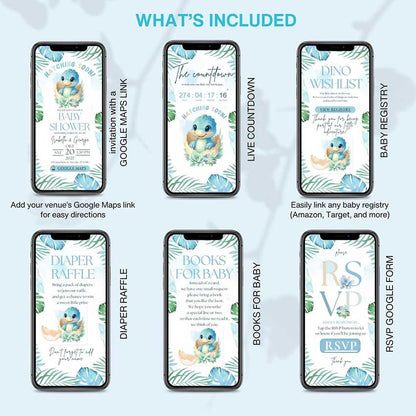 Interactive Hatching Soon baby shower invitation template with baby dinosaur, RSVP, countdown, baby registry, diaper raffle and books for baby, editable in Canva