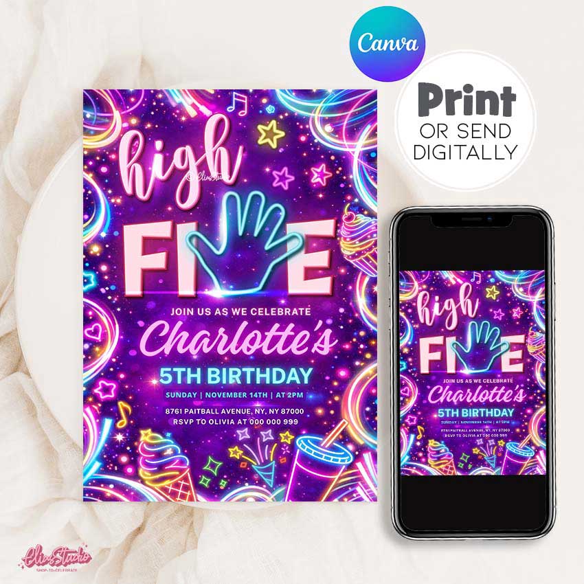 Pink purple neon High Five birthday invitation template for girls 5th birthday, glow party Canva digital invite, editable and printable 5x7