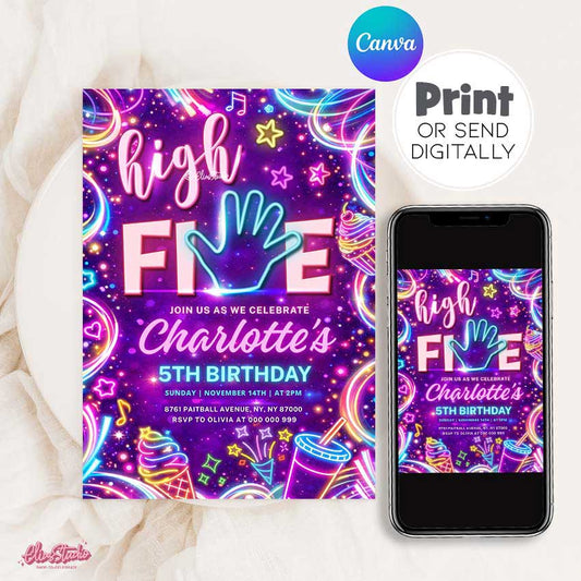 Pink purple neon High Five birthday invitation template for girls 5th birthday, glow party Canva digital invite, editable and printable 5x7