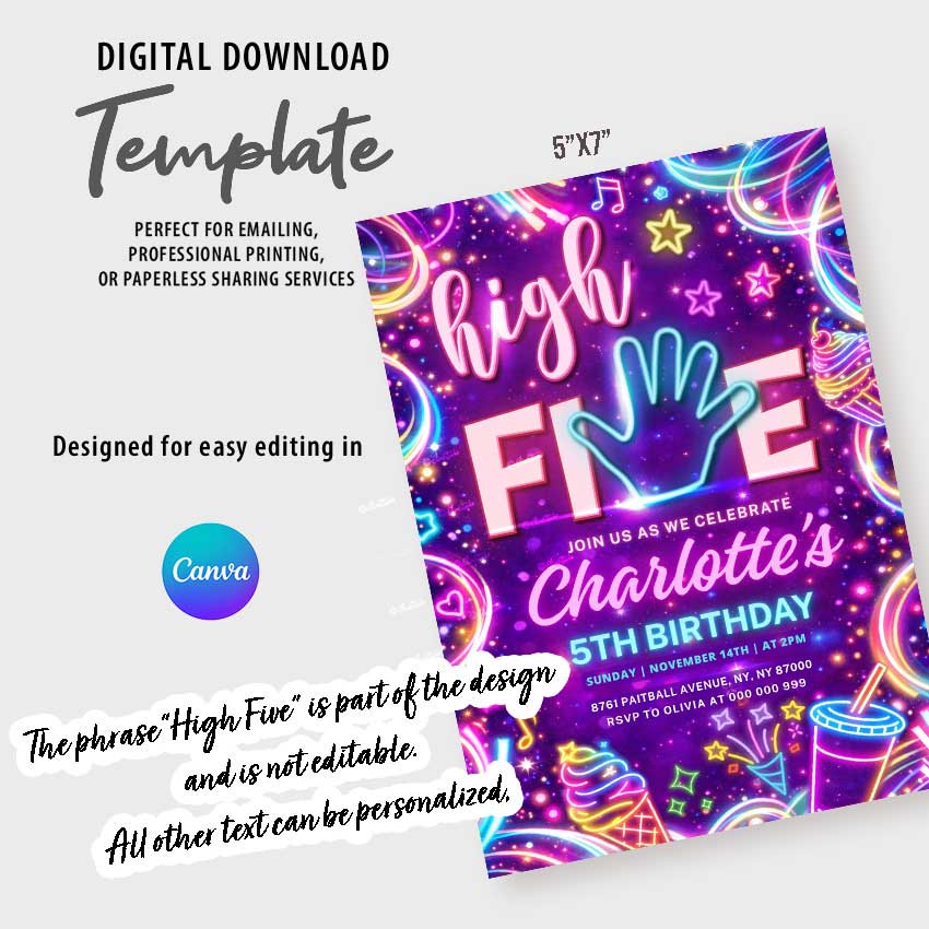 High Five Birthday Invitation Template Girl, Neon 5th Birthday Invite, Glow Party Canva Digital Invitation Pink Purple