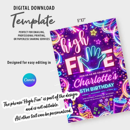High Five Birthday Invitation Template Girl, Neon 5th Birthday Invite, Glow Party Canva Digital Invitation Pink Purple