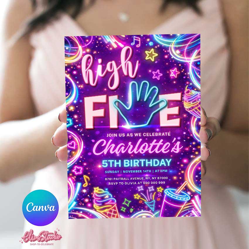 Pink purple neon High Five birthday invitation template for girls 5th birthday, glow party Canva digital invite, editable and printable 5x7