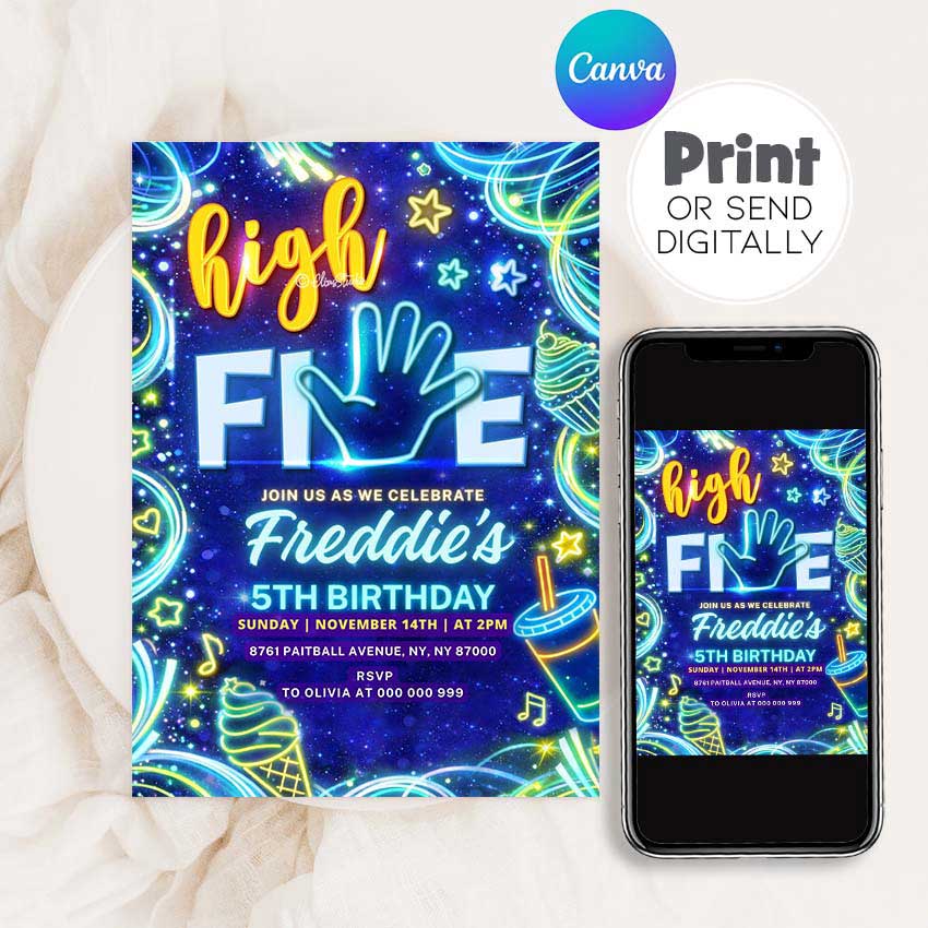 Neon High Five birthday invitation template for a 5th birthday party, editable in Canva, blue glow party digital invitation design