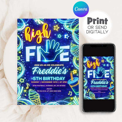 Neon High Five birthday invitation template for a 5th birthday party, editable in Canva, blue glow party digital invitation design