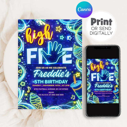 Neon High Five birthday invitation template for a 5th birthday party, editable in Canva, blue glow party digital invitation design