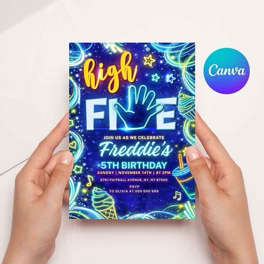 Neon High Five birthday invitation template for a 5th birthday party, editable in Canva, blue glow party digital invitation design