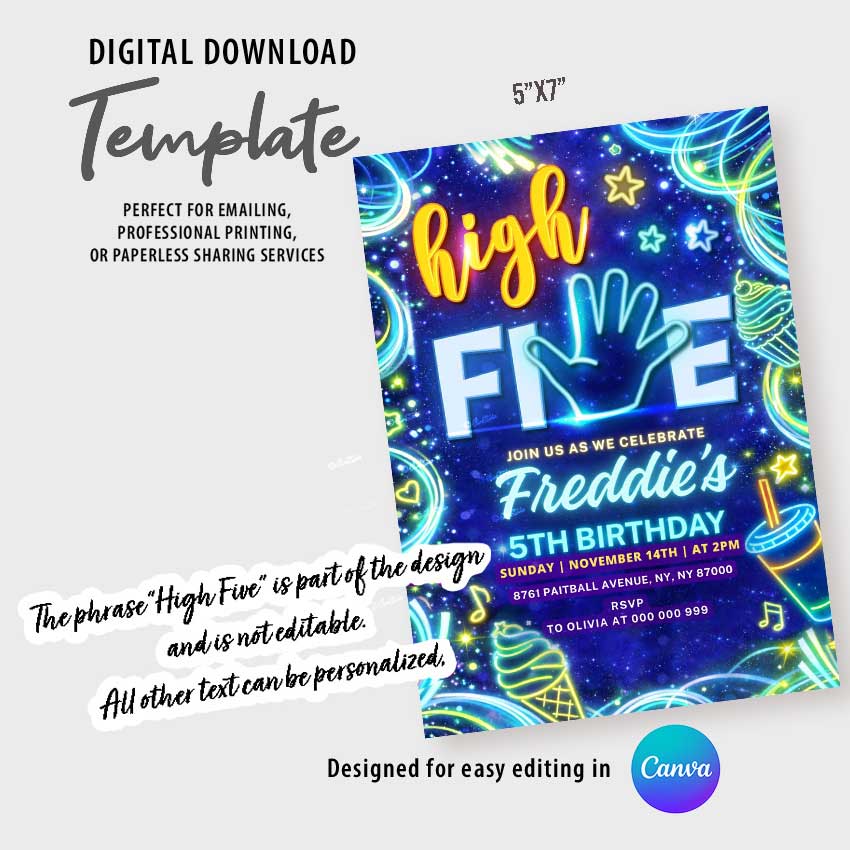 Neon High Five birthday invitation template for a 5th birthday party, editable in Canva, blue glow party digital invitation design