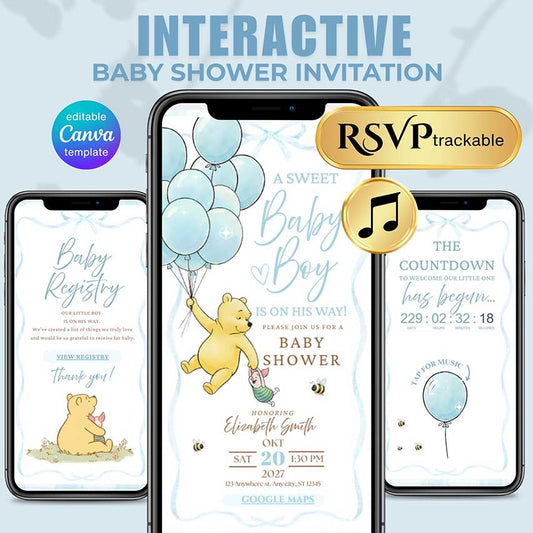 Interactive Winnie the Pooh baby shower invitation template for baby boy with RSVP, registry, countdown and music, editable in Canva