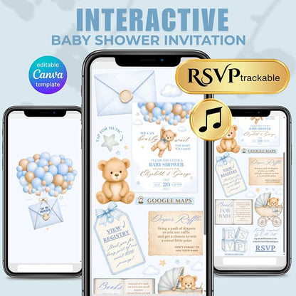 nteractive teddy bear baby shower invitation template for baby boy with RSVP, registry, diaper raffle and books for baby, editable in Canva