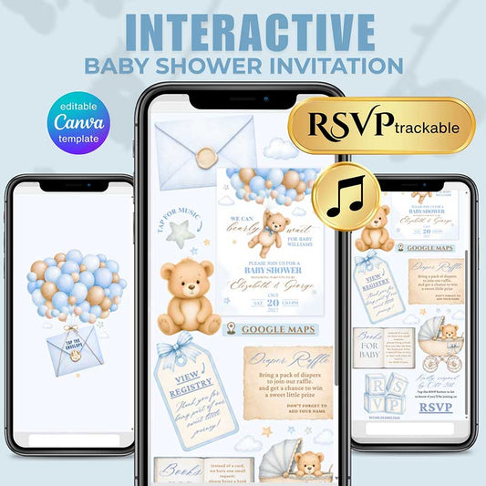 nteractive teddy bear baby shower invitation template for baby boy with RSVP, registry, diaper raffle and books for baby, editable in Canva
