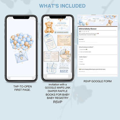 nteractive teddy bear baby shower invitation template for baby boy with RSVP, registry, diaper raffle and books for baby, editable in Canva