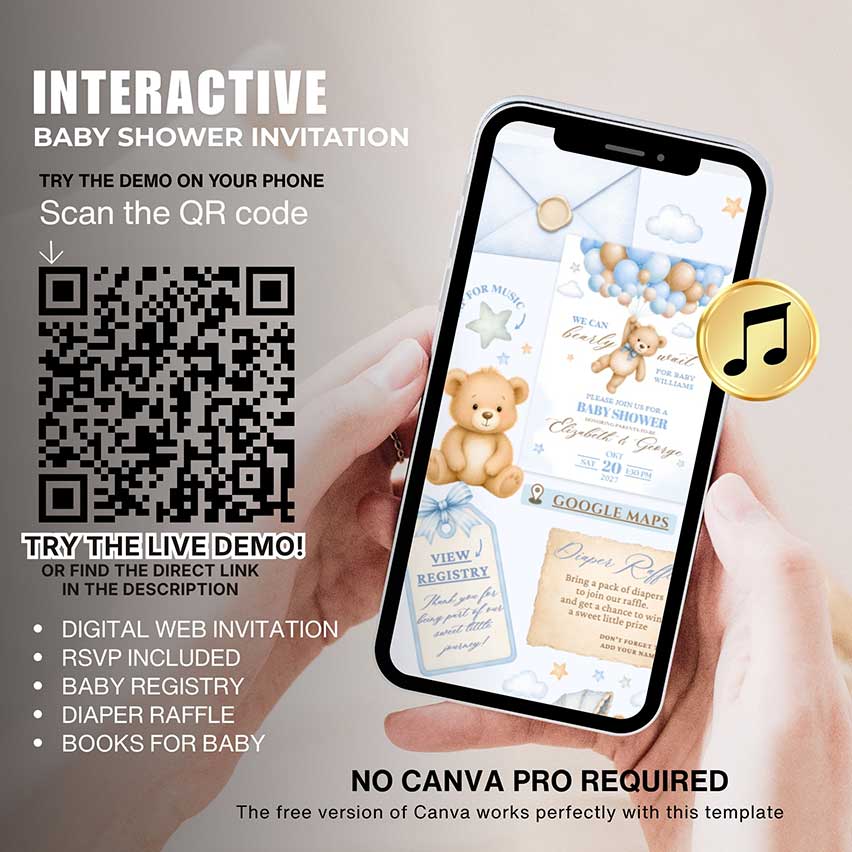 nteractive teddy bear baby shower invitation template for baby boy with RSVP, registry, diaper raffle and books for baby, editable in Canva
