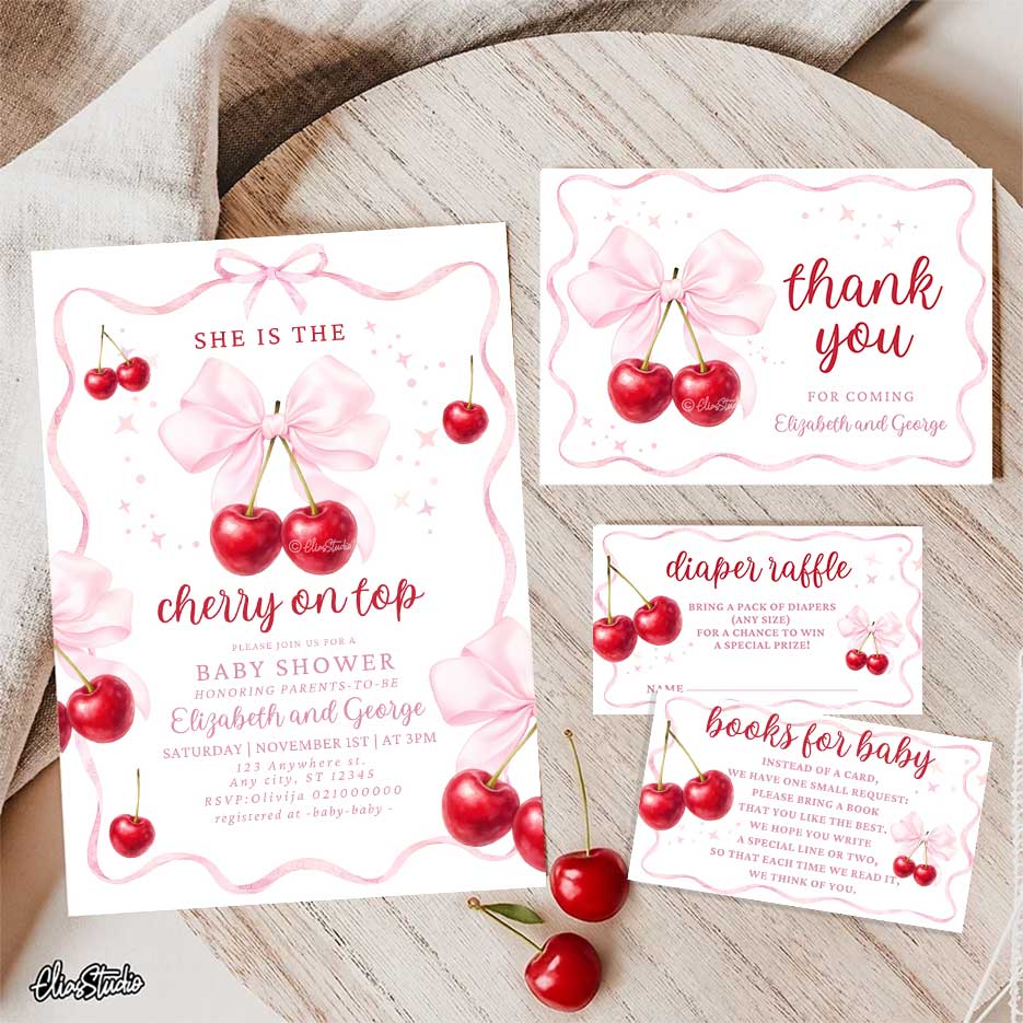 Cherry Baby Shower invitation Set: Thank you card, Books for Baby, Diaper Raffle. Canva Template