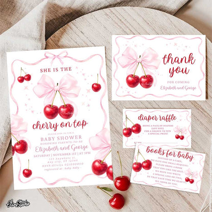 Cherry Baby Shower invitation Set: Thank you card, Books for Baby, Diaper Raffle. Canva Template