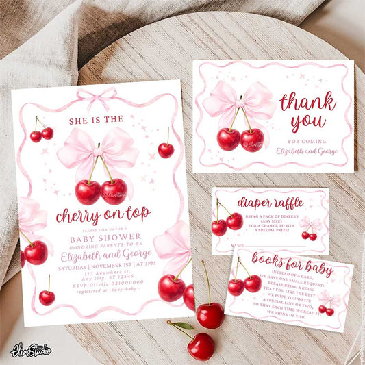Cherry Baby Shower invitation Set: Thank you card, Books for Baby, Diaper Raffle. Canva Template
