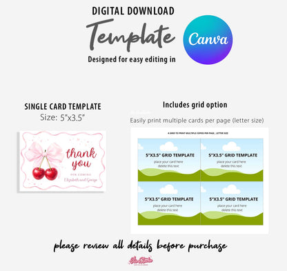 Cherry Baby Shower invitation Set: Thank you card, Books for Baby, Diaper Raffle. Canva Template