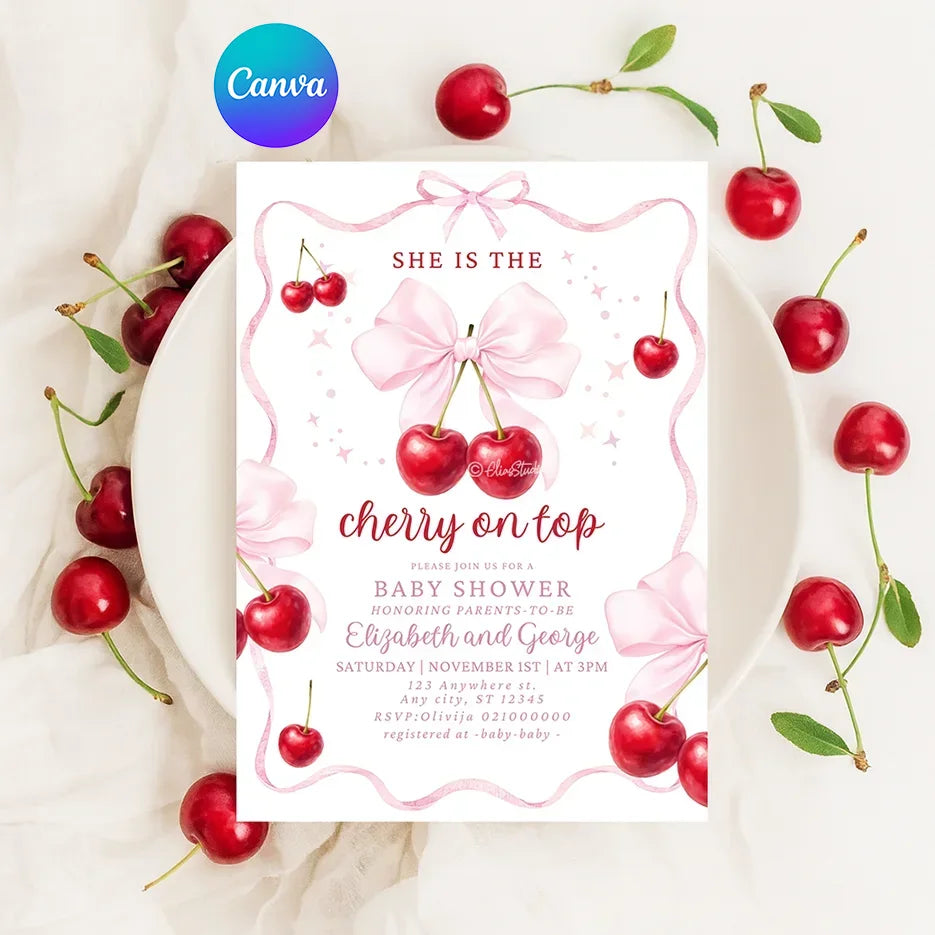 Cherry Baby Shower invitation, She is the Cherry on Top,  Canva Template