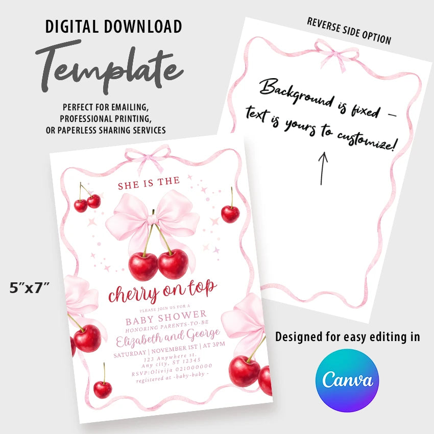Cherry Baby Shower invitation, She is the Cherry on Top,  Canva Template