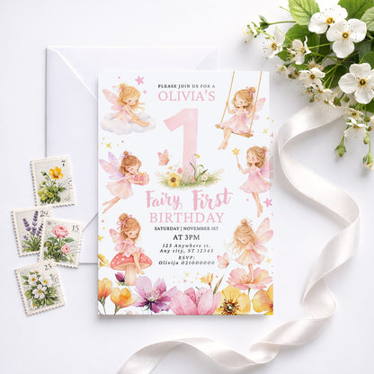 Fairy first birthday invitation girl pink floral fairy party invite