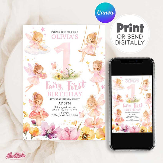Fairy first birthday invitation girl pink floral fairy party invite