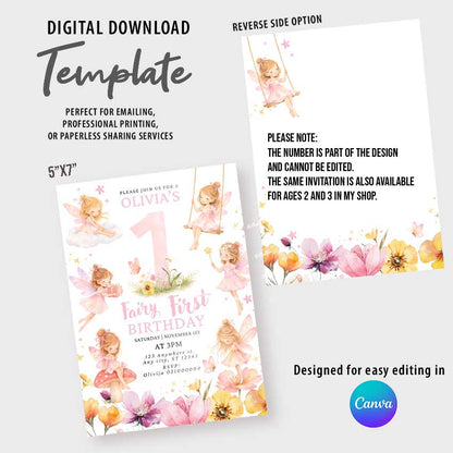 Fairy First Birthday Invitation, Girl 1st Birthday, Garden Fairy Birthday, Canva Template