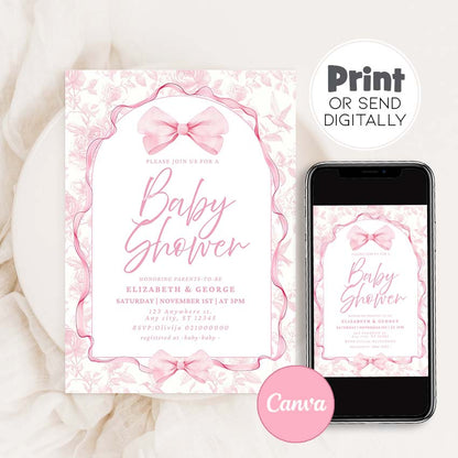 Vintage Pink Bow Invitation Baby Shower, Coquette Bow Arch Invitation BB1