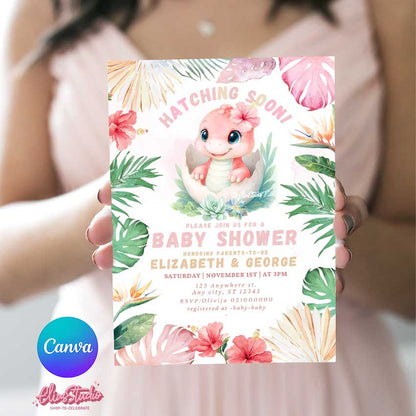Dinosaur Baby Shower Girl invitation Hatching Soon