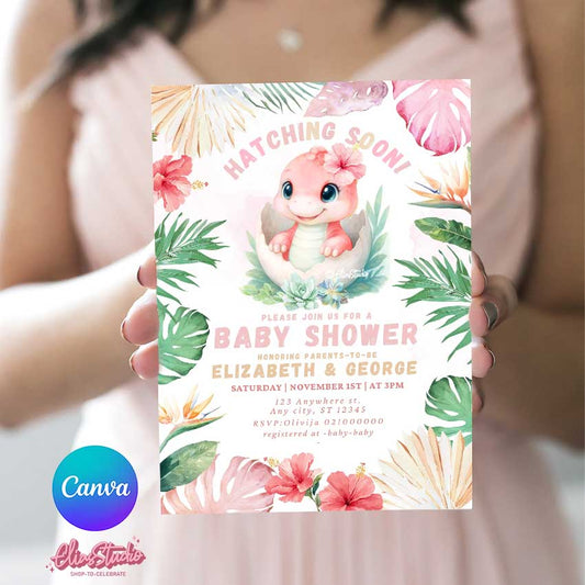 Dinosaur Baby Shower Girl invitation Hatching Soon